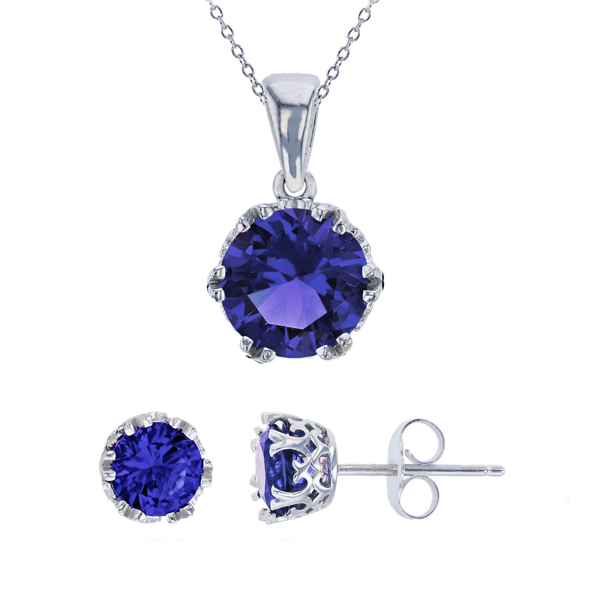 Sterling Silver Rhodium 8mm Tanzanite Round Cut CZ 18" Necklace & 6mm Rd Stud Earring Set