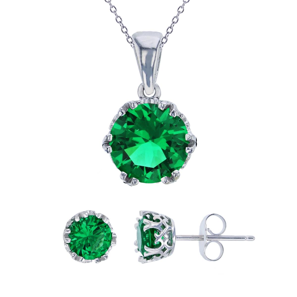 Sterling Silver Rhodium 8mm Emerald Round Cut CZ 18" Necklace & 6mm Rd Stud Earring Set