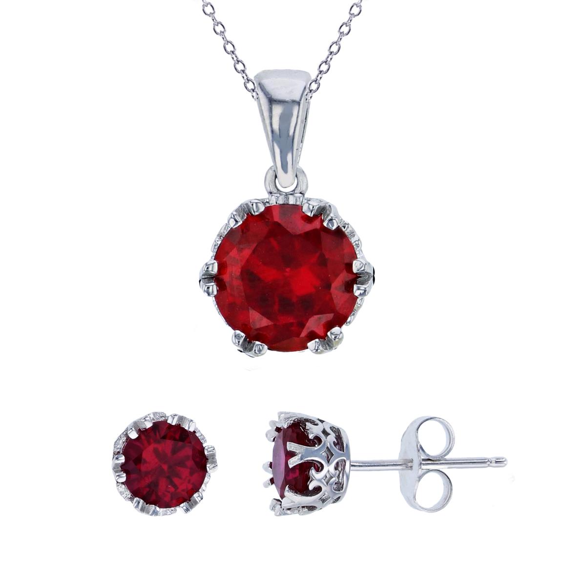 Sterling Silver Rhodium 8mm Ruby Round Cut CZ 18" Necklace & 6mm Rd Stud Earring Set