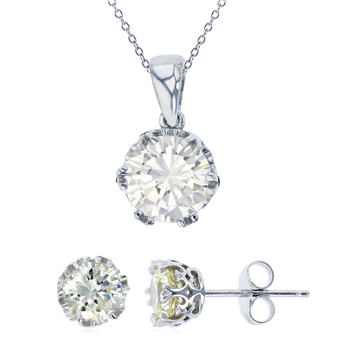 Sterling Silver Rhodium 8mm Canary Yellow Round Cut CZ 18" Necklace & 6mm Rd Stud Earring Set