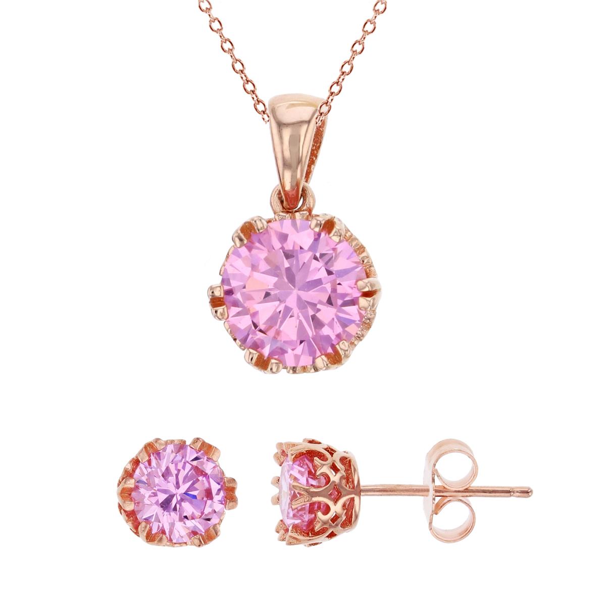 Sterling Silver Rose 8mm Pink Round Cut CZ 18" Necklace & 6mm Rd Stud Earring Set