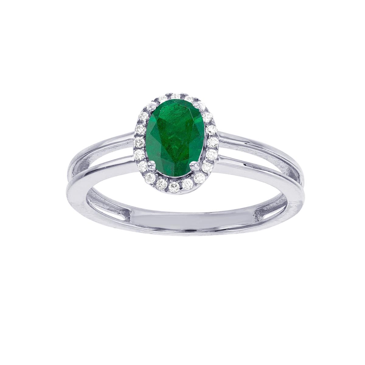 Sterling Silver Rhodium 6x4mm Ov Emerald & 0.012 CTTW Diam Ring