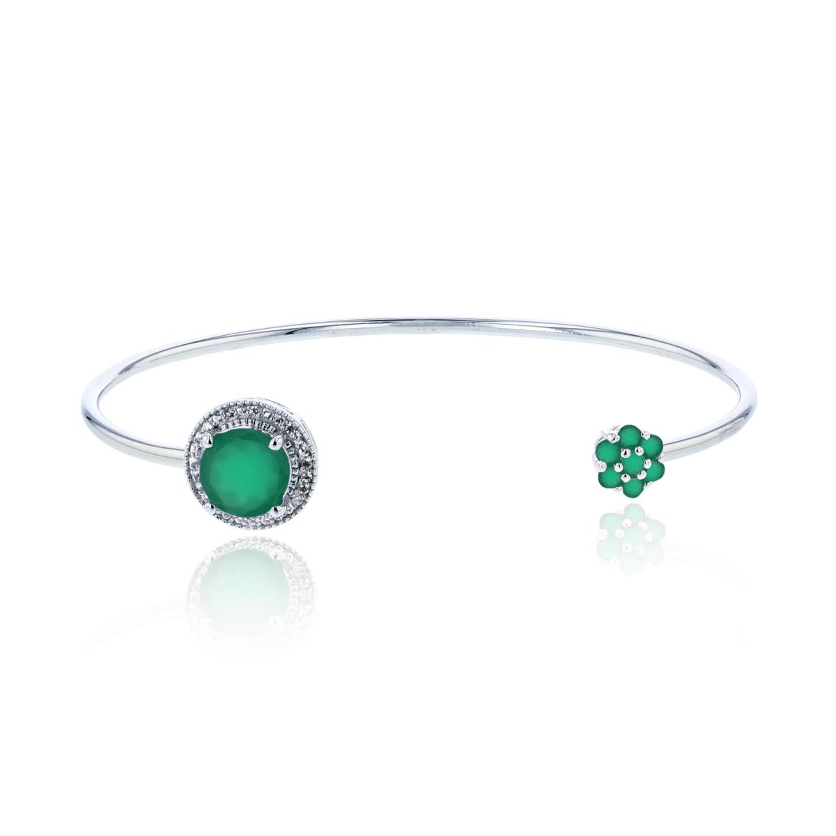 Sterling Silver Rhodium Green Agate & Created White Sapphire Flower/ Circle Open Bangle