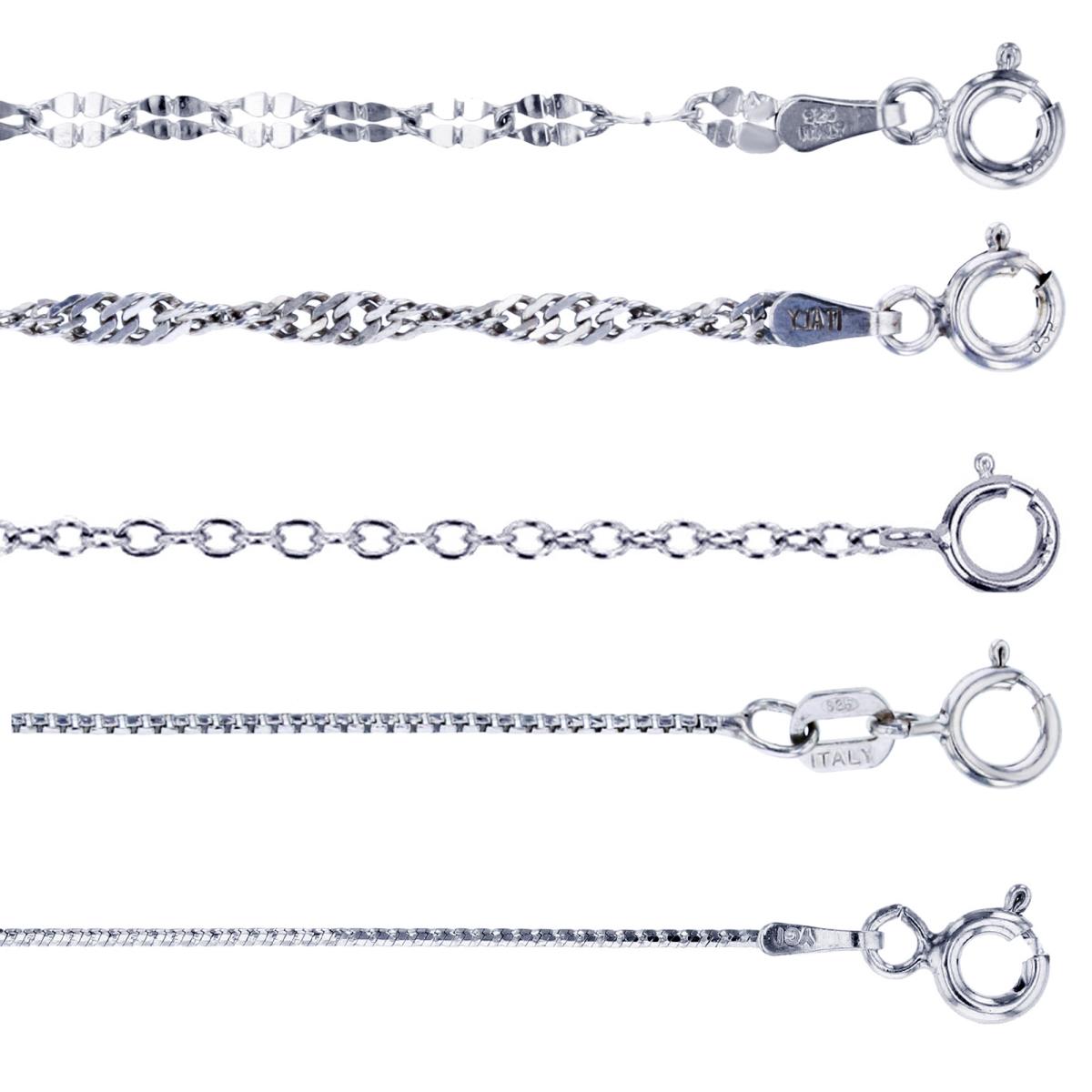 Sterling Silver Rhodium 18" Twist, Singapore, Rollo, Round Box & Snake Chain Set
