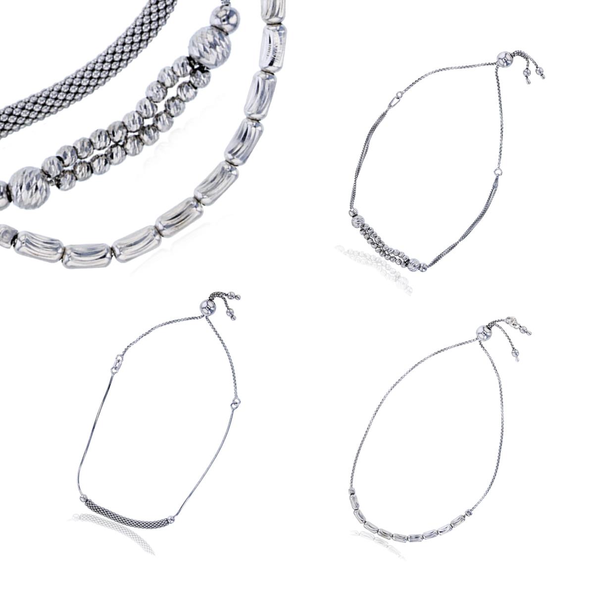 Sterling Silver Silver Plated Anti-Tarnish DC Long Beads,Flexy Popcorn Set of 3 Adjustable Bracelets