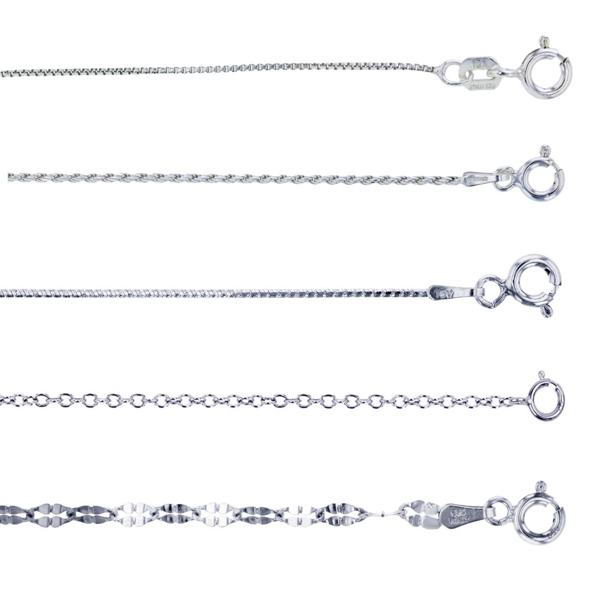 Sterling Silver Silver-Plated Anti-Tarnish 16" Rollo, 18" Snake, 20" Rope, 22" Twist & 24" Box Chain Set