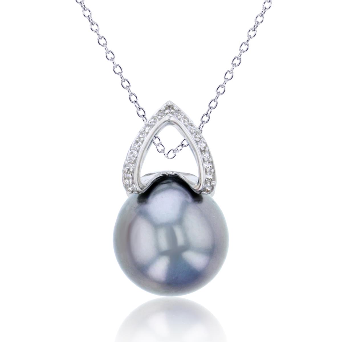 14K White Gold Rnd CZ & 12mm Rnd Tahitian Pearl 18"Necklace