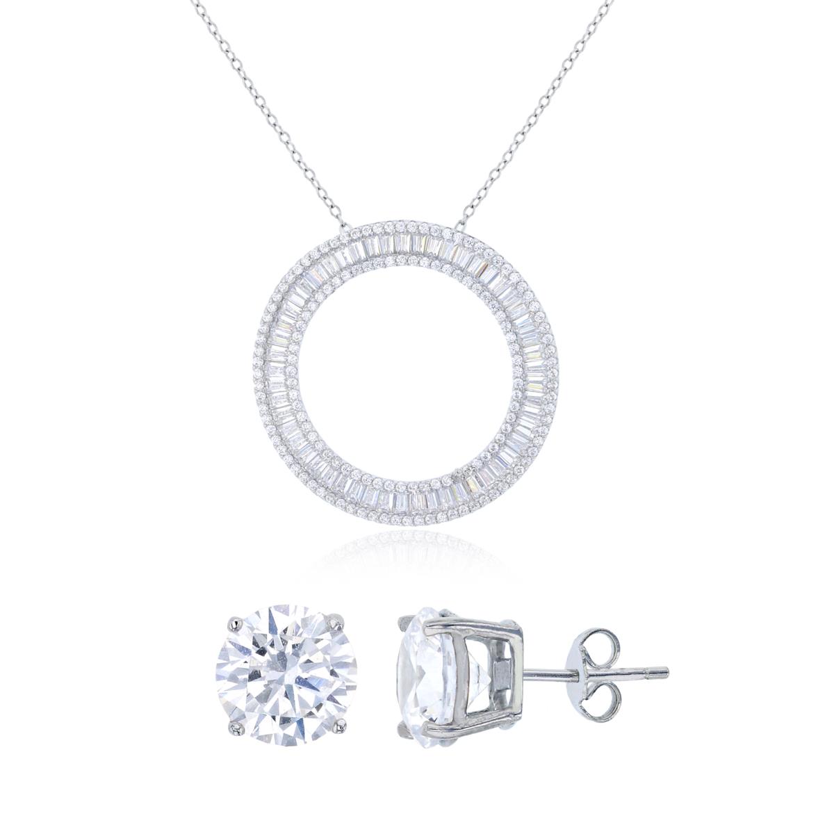 Sterling Silver Rhodium Rnd & Baguette CZ Circle 18" Necklace & 8mm Rd Solitaire Stud Earring Set