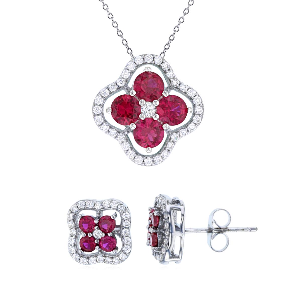 Sterling Silver Rhodium Rnd White & Ruby CZ Clover 18" Necklace & Stud Earring Set