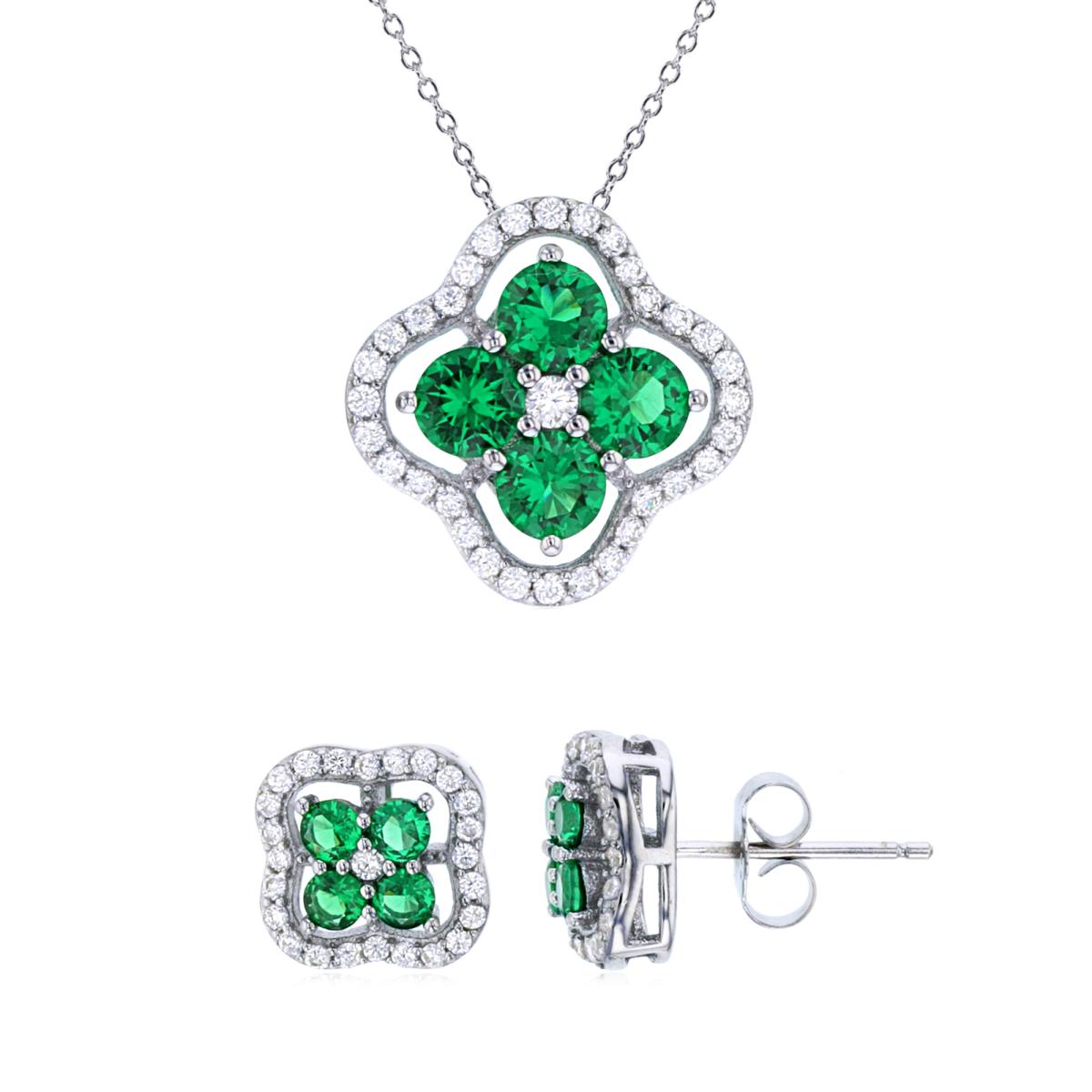 Sterling Silver Rhodium Rnd White & Emerald CZ Clover 18" Necklace & Stud Earring Set