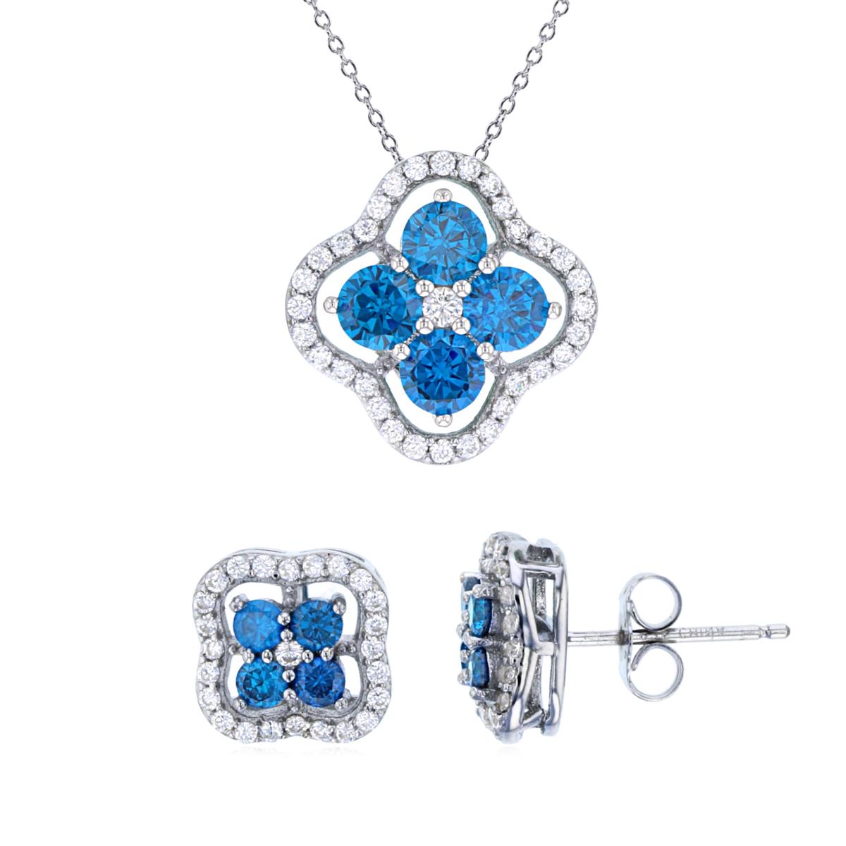 Sterling Silver Rhodium Rnd White & London Blue Topaz CZ Clover 18" Necklace & Stud Earring Set