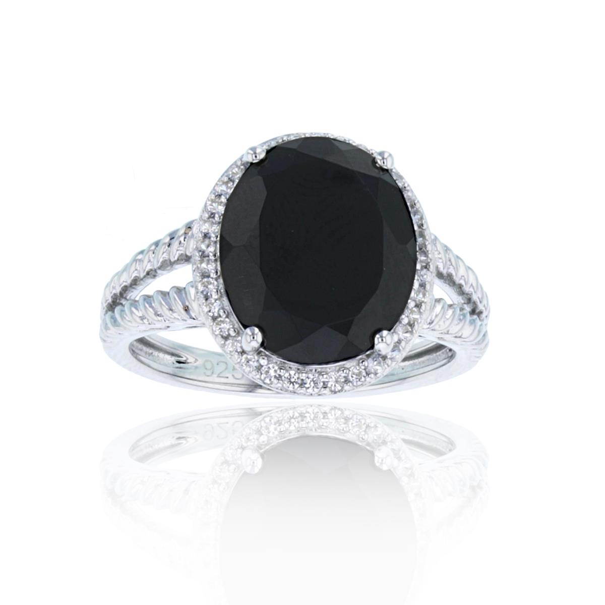 Sterling Silver Rhodium 12x10mm Oval Onyx & Cr White Sapphire Halo Oval Ring