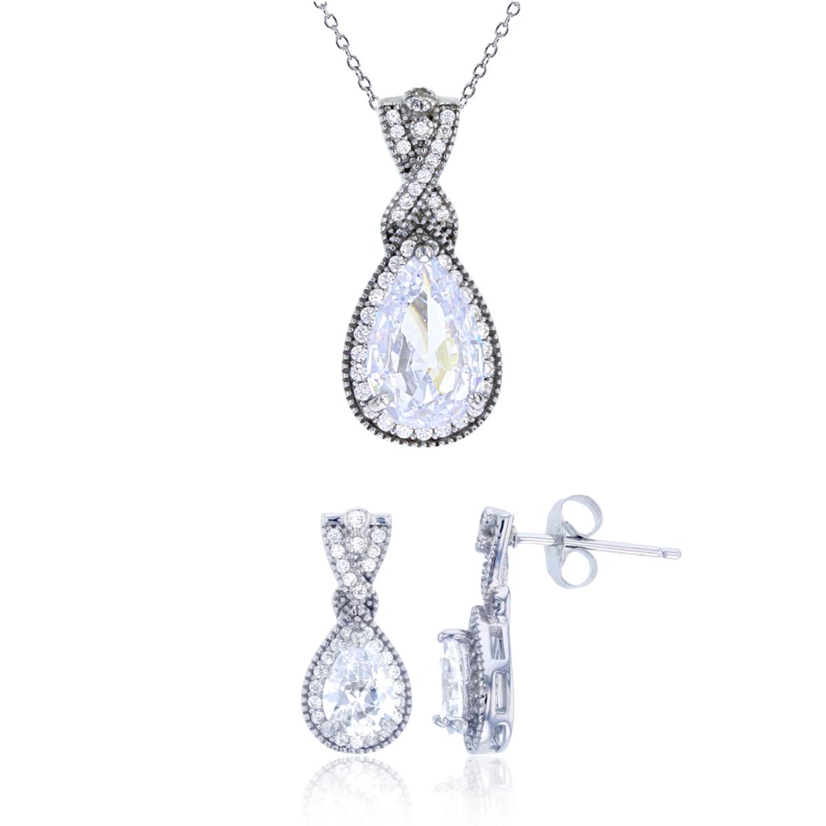Sterling Silver Rhodium 12x8mm Pear & Rnd White CZ Halo 18" Necklace & Earring Set