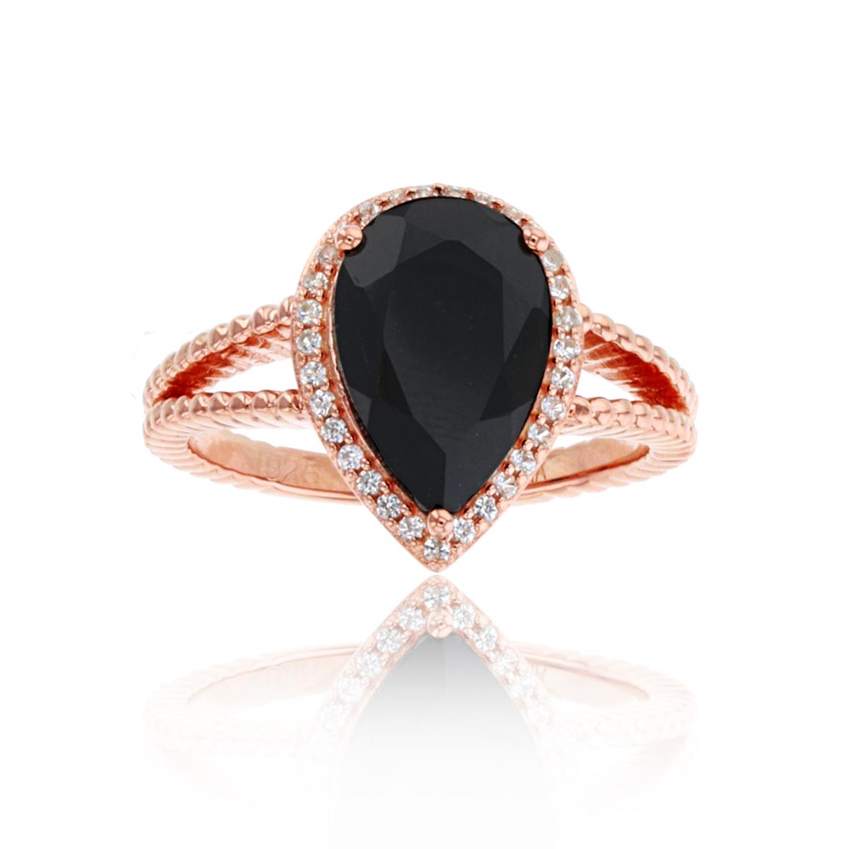 Sterling Silver+1Micron 14K Rose Gold 12x8mm PS Onyx & Cr White Sapphire Halo PS-Ring