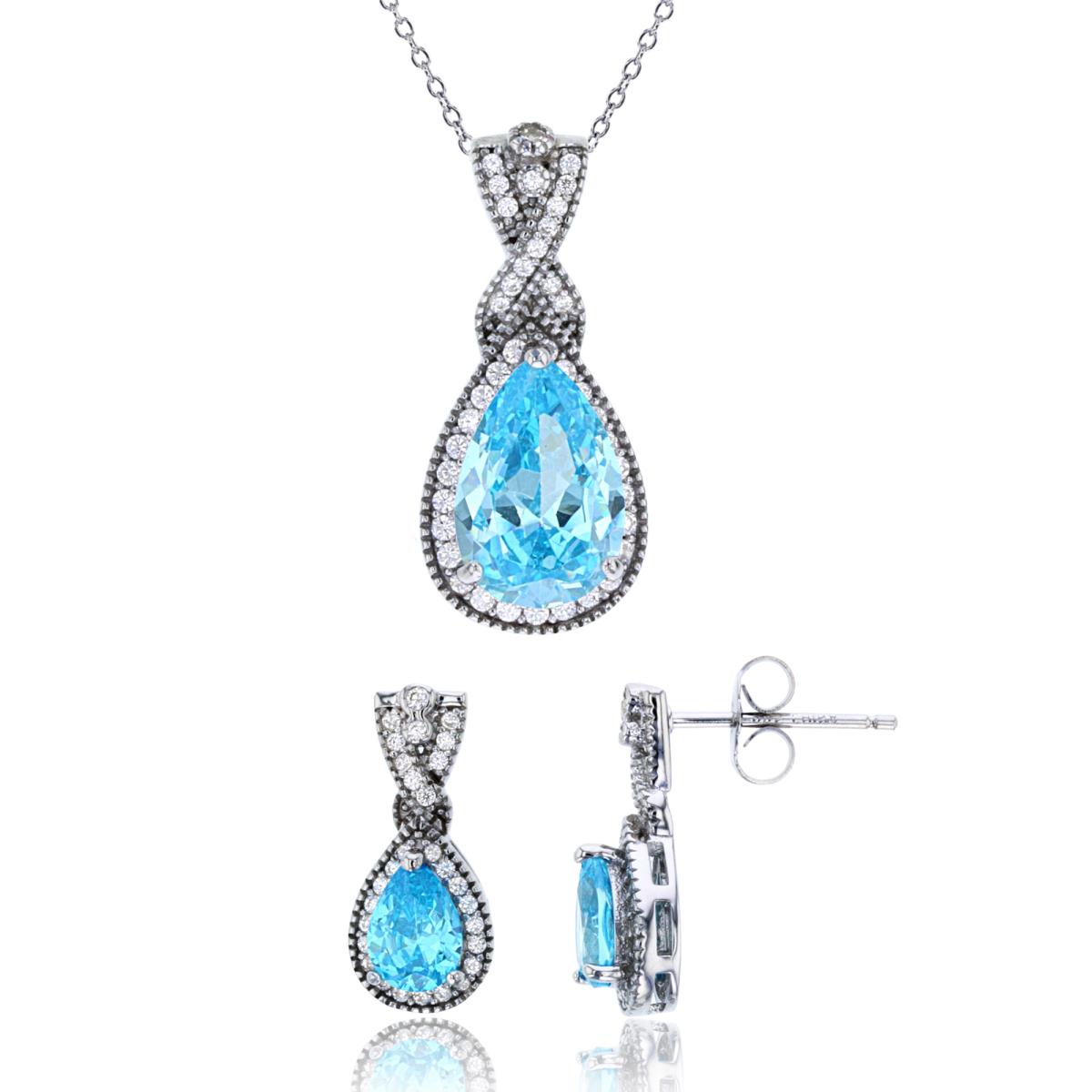 Sterling Silver Rhodium 12x8mm Swiss Blue Pear & Rnd White CZ Halo 18" Necklace & Earring Set