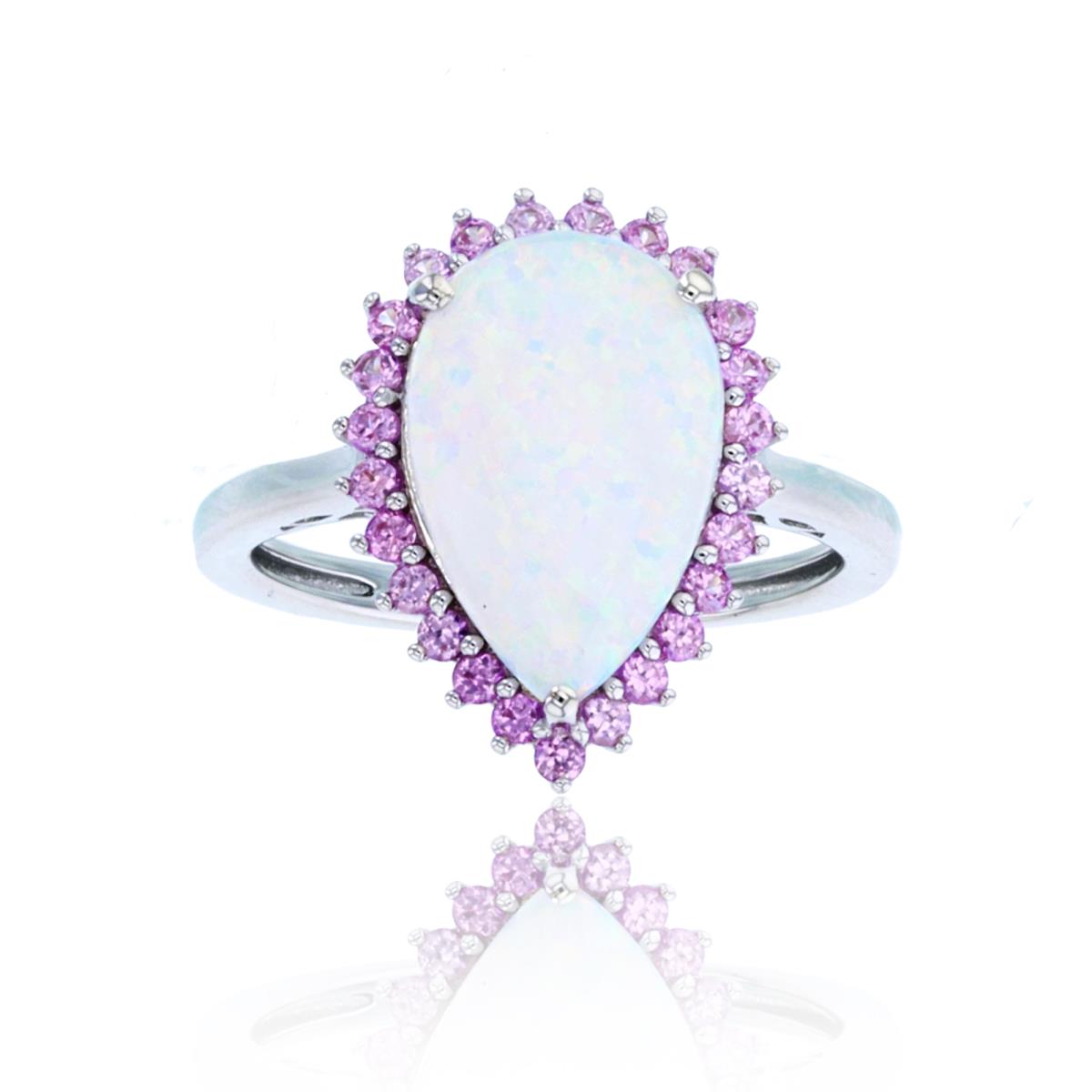 Sterling Silver Rhodium 14x9mm PS Created Opal & Rnd Created Pink Sapphire Halo PS-Ring