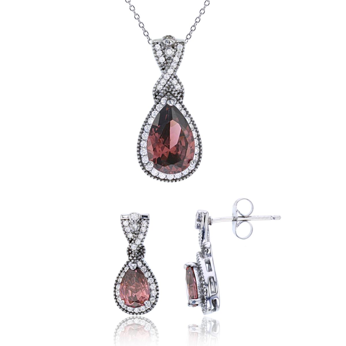 Sterling Silver Rhodium 12x8mm Smokey Pear & Rnd White CZ Halo 18" Necklace & Earring Set