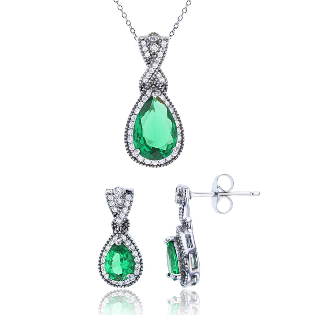 Sterling Silver Rhodium 12x8mm Emerald Pear & Rnd White CZ Halo 18" Necklace & Earring Set