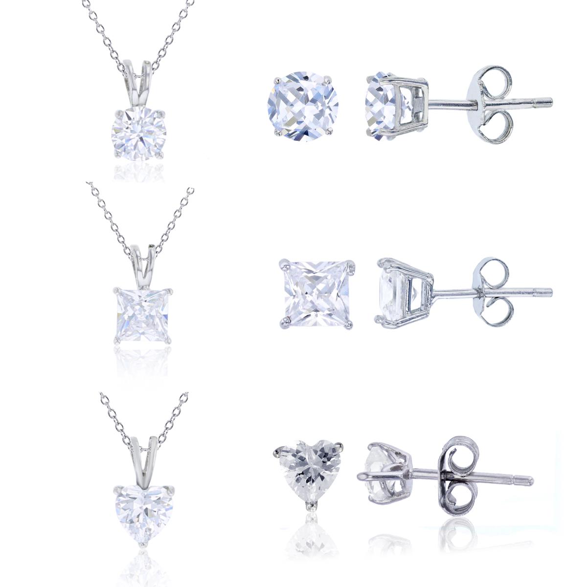 Sterling Silver Rhodium 6mm Round, Square, Heart CZ Solitaire 18" Necklace & 5mm Round, Square, 4mm Heart Stud Earring Set