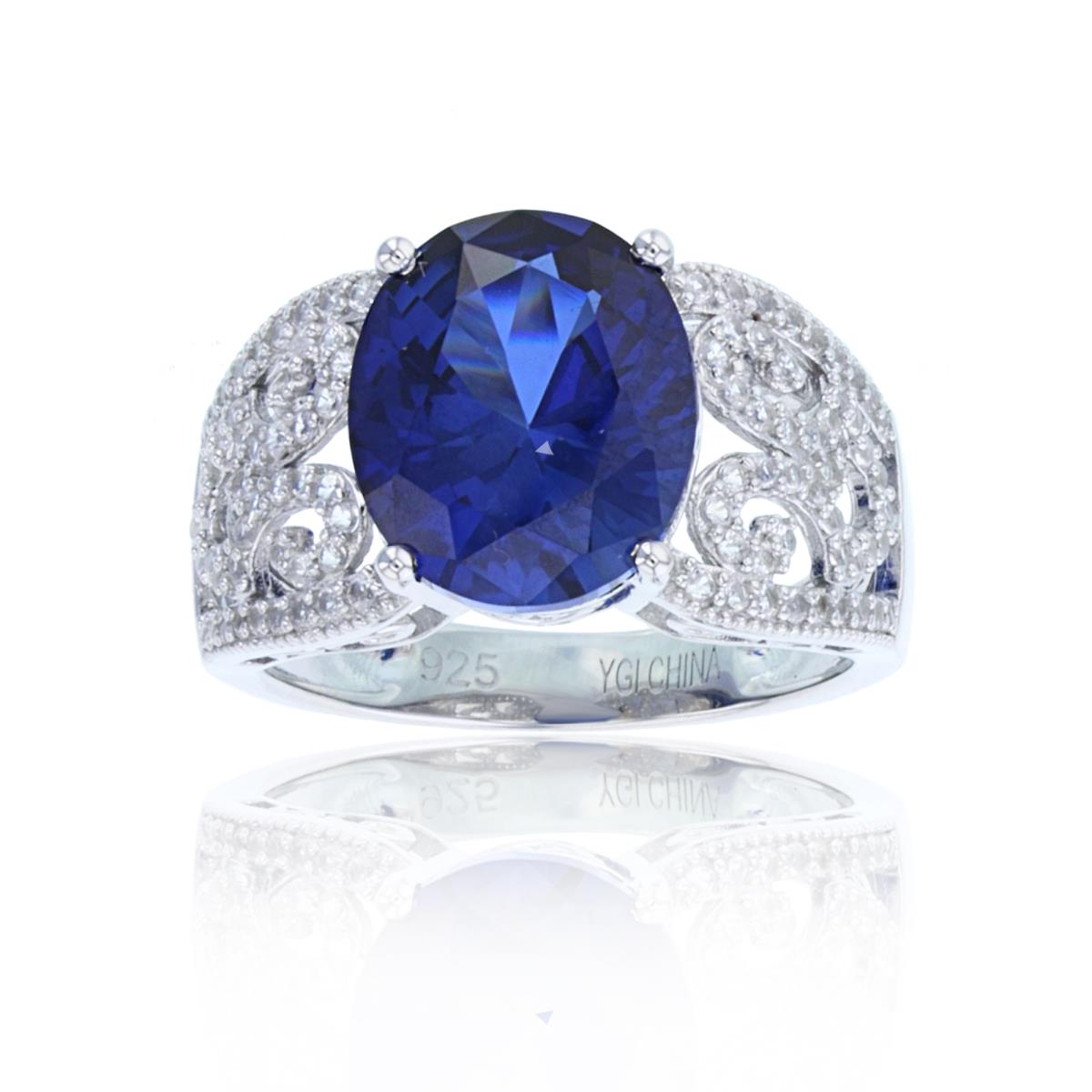 Sterling Silver Rhodium 12x10mm Ov Created Blue Sapphire & Rnd Cr White Sapphire Wide Ring