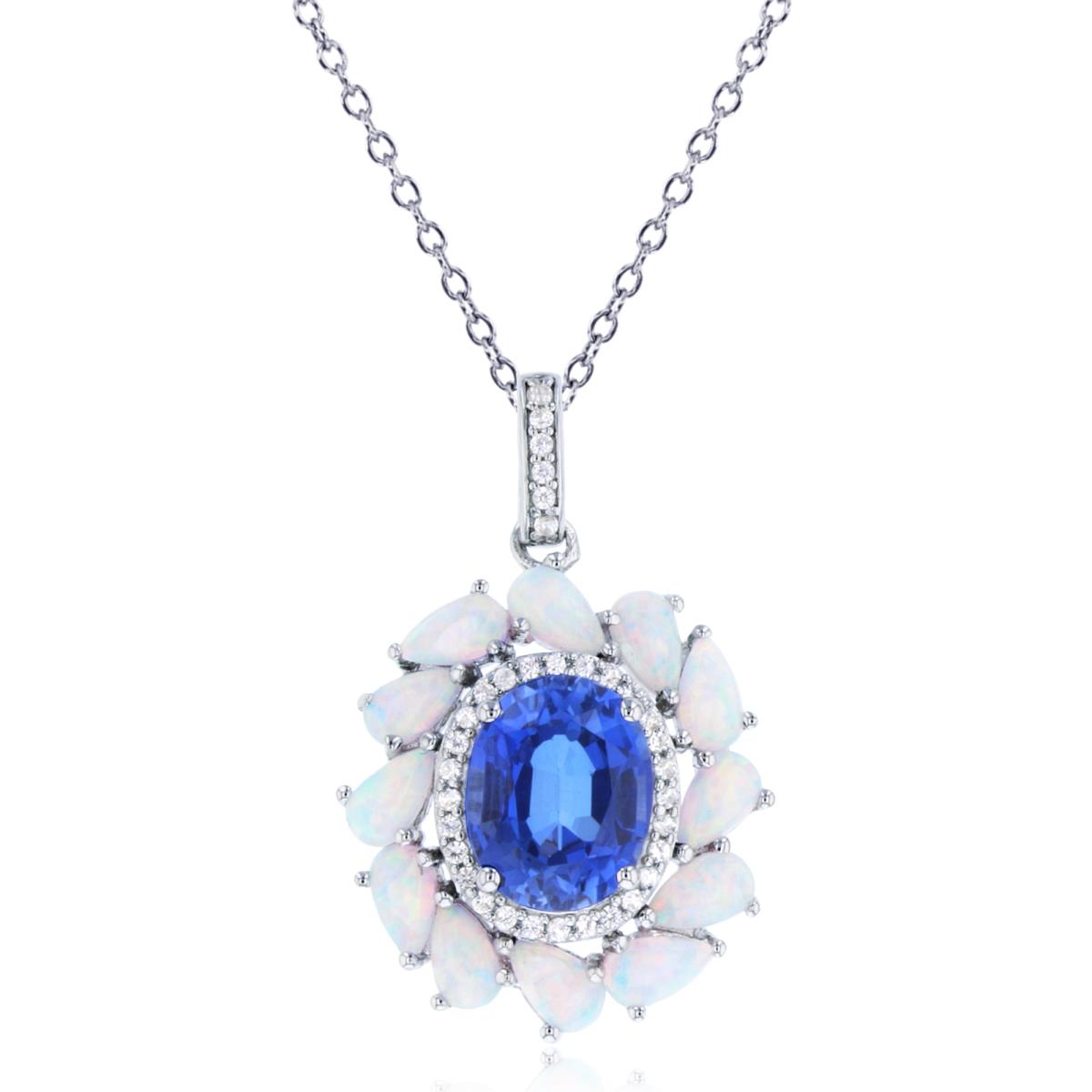 Sterling Silver Rhodium 10x8mm Ov Created Blue Sapphire /PS Created Opal & Cr White Sapphire Flower 18"Necklace