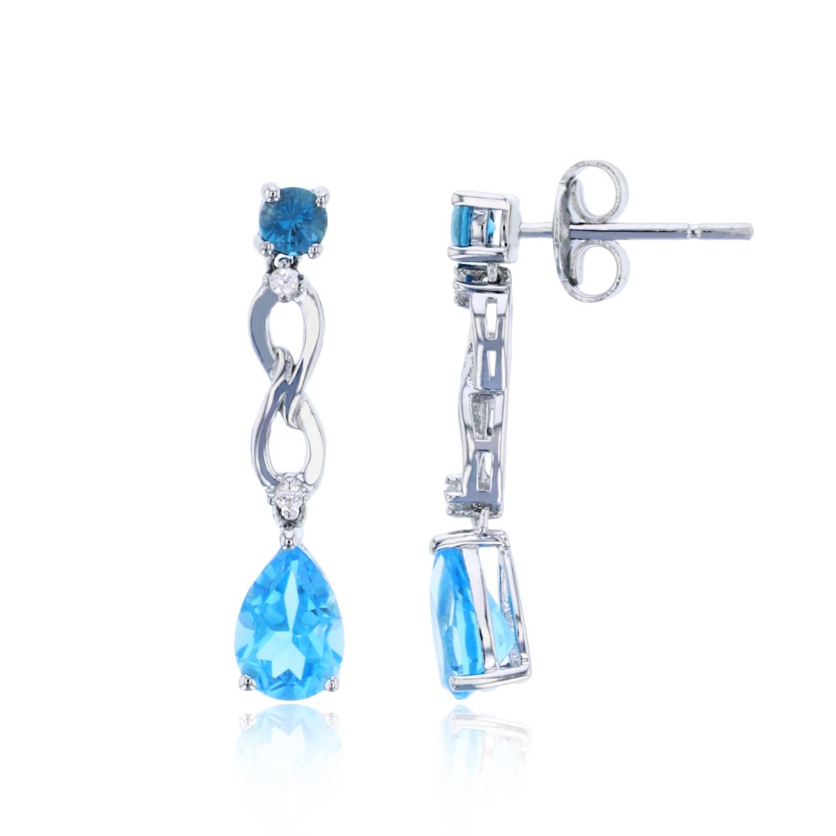 Sterling Silver Rhodium Rnd CZ & PS Swiss Blue Topaz/Rnd London Blue Topaz Twist Dangling Earring