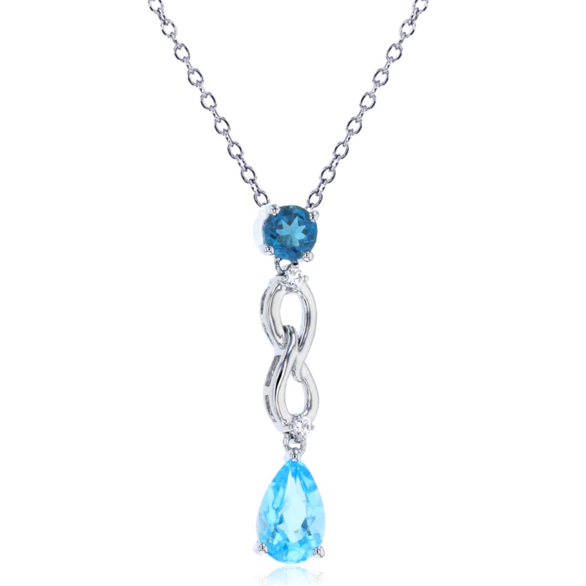 Sterling Silver Rhodium Rnd CZ & PS Swiss Blue Topaz/Rnd London Blue Topaz Twist Dangling18"Necklace