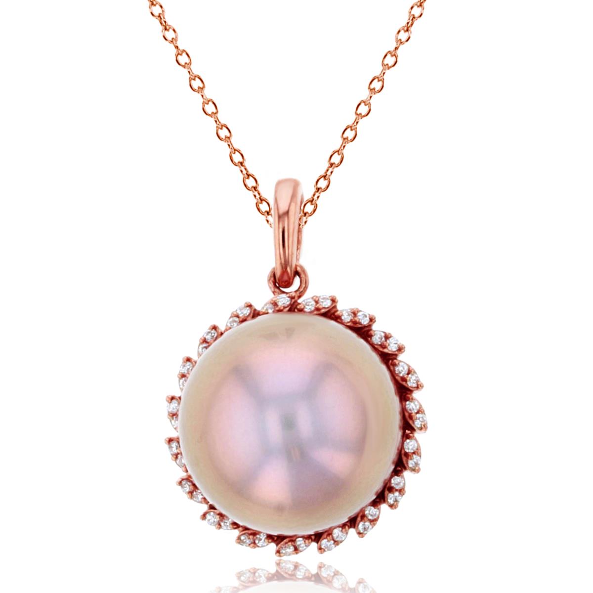14K Rose Gold 0.12cttw Rnd Diamonds & 12mm Metalic Edison Pearl 18"Necklace