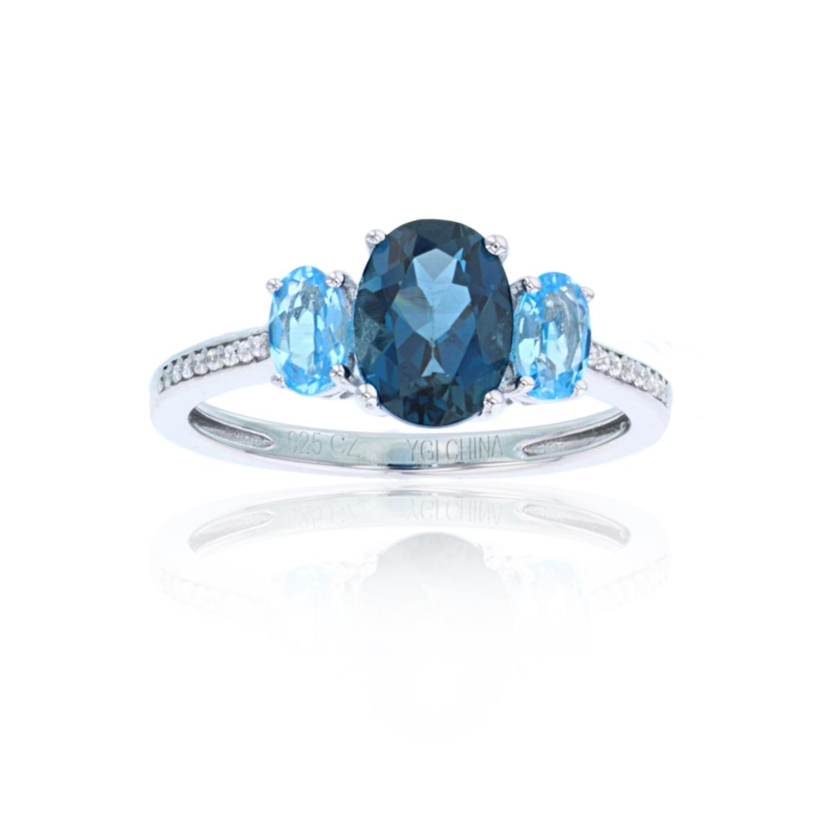 Sterling Silver Rhodium 0.05cttw Rnd Diamonds & Oval London & Swiss Blue Topaz 3-stones Ring