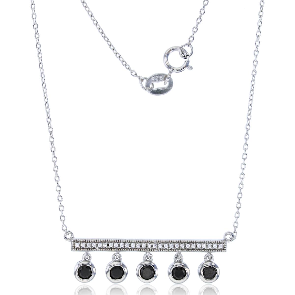 Sterling Silver Rhodium 0.08cttw Rnd Diamonds & Rnd Onyx Bezel Circles on Milgrain Bar 18"Necklace