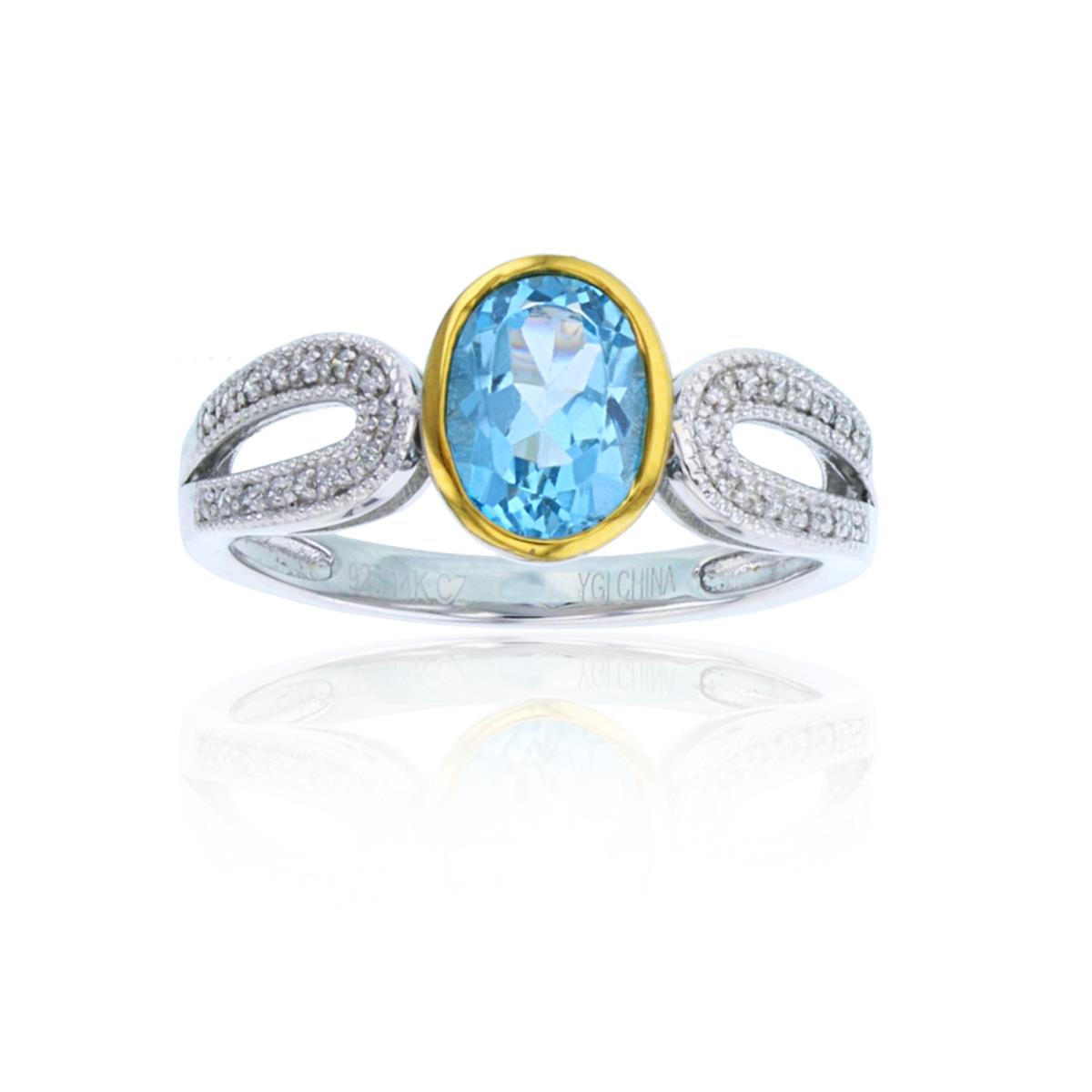  Sterling Silver Yellow & White 0.10cttw Rnd Diamonds & 8x6mm Oval Bezel Swiss Blue Topaz Ring