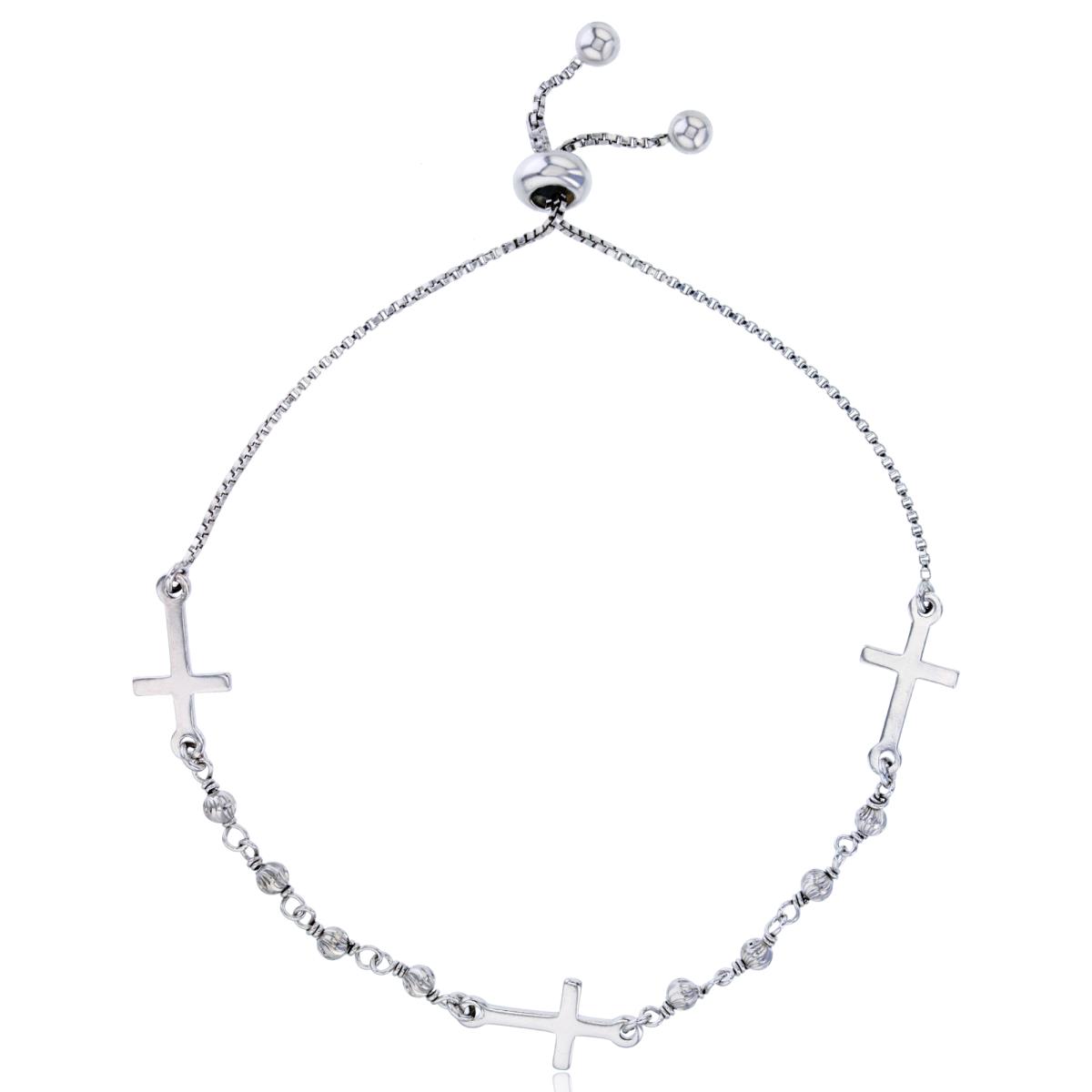 Sterling Silver Rhodium 3mm DC Beads & Cross Adjustable Bracelet