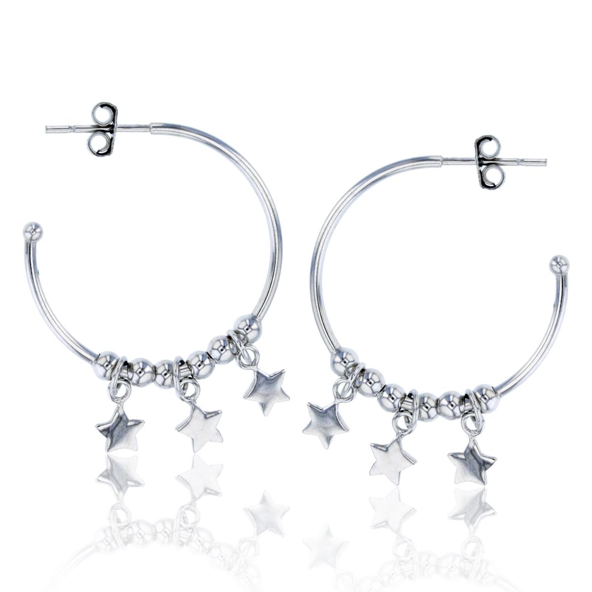 Sterling Silver Rhodium Beads & Dangling Stars 33x3mm Open Hoop Earring