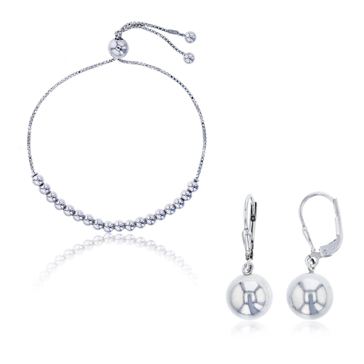 Sterling Silver Rhodium 4mm Adjustable Ball Bracelet & 6mm Dangling Bead Earring Set