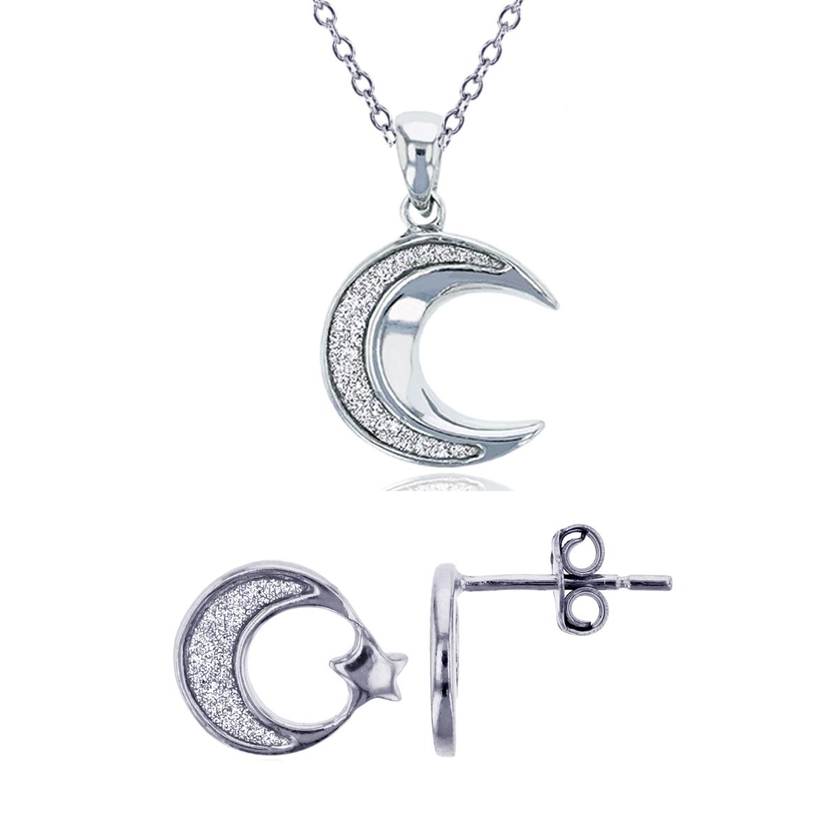 Sterling Silver Rhodium Crescent Moon Glitter 18" Necklace & Earring Set
