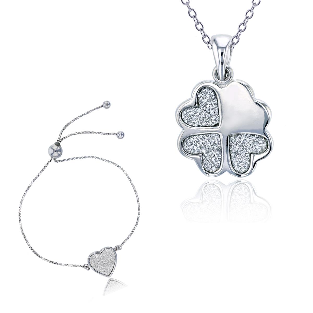 Sterling Silver Rhodium Polished & Glitter Clover 18" Necklace & Glitter Heart Adjus Bracelet Set