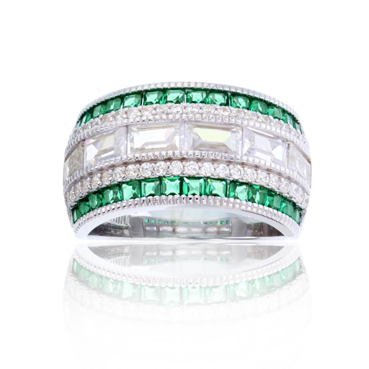 Sterling Silver Rhodium Alternate Rnd White & SB White/Emerald CZ Rows Beaded Wide Band