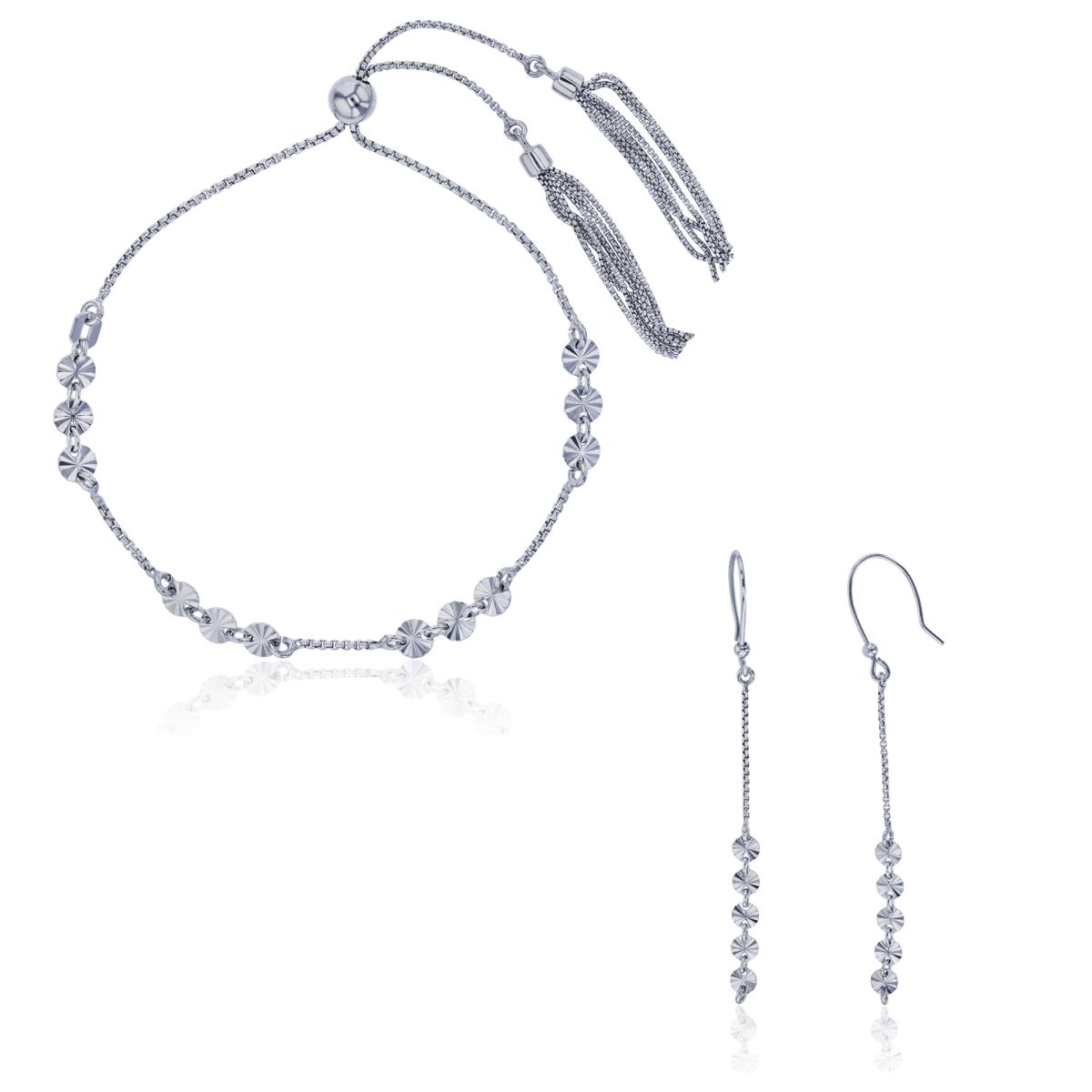 Sterling Silver Rhodium 4.00mm Diamond Cut Circles Adjustable Bracelet & Earring Set