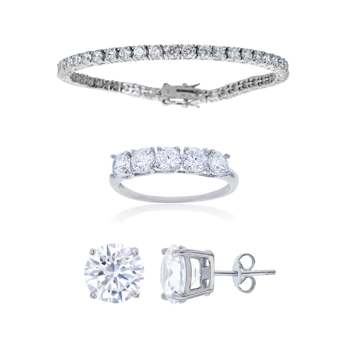 Sterling Silver Rhodium 4mm Rd Cut Anniversary Band, 3.5mm Rd Prong Set Tennis Bracelet & 8mm Solitaire Stud Earring Set