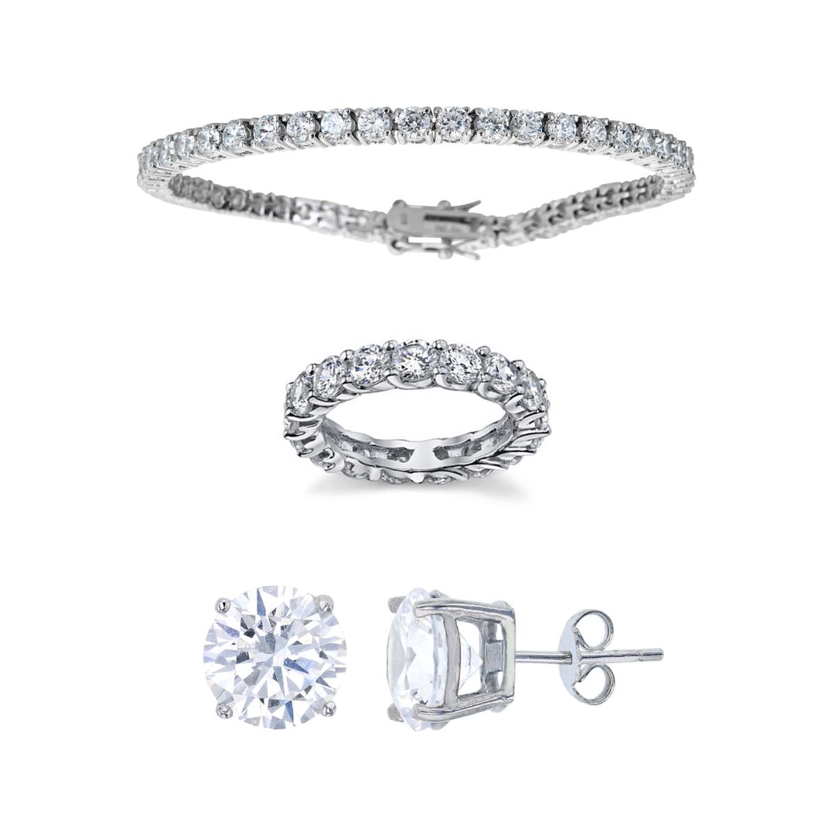 Sterling Silver Rhodium 4mm Rd Cut Eternity Band, 3.5mm Rd Prong Set Tennis Bracelet & 8mm Solitaire Stud Earring Set