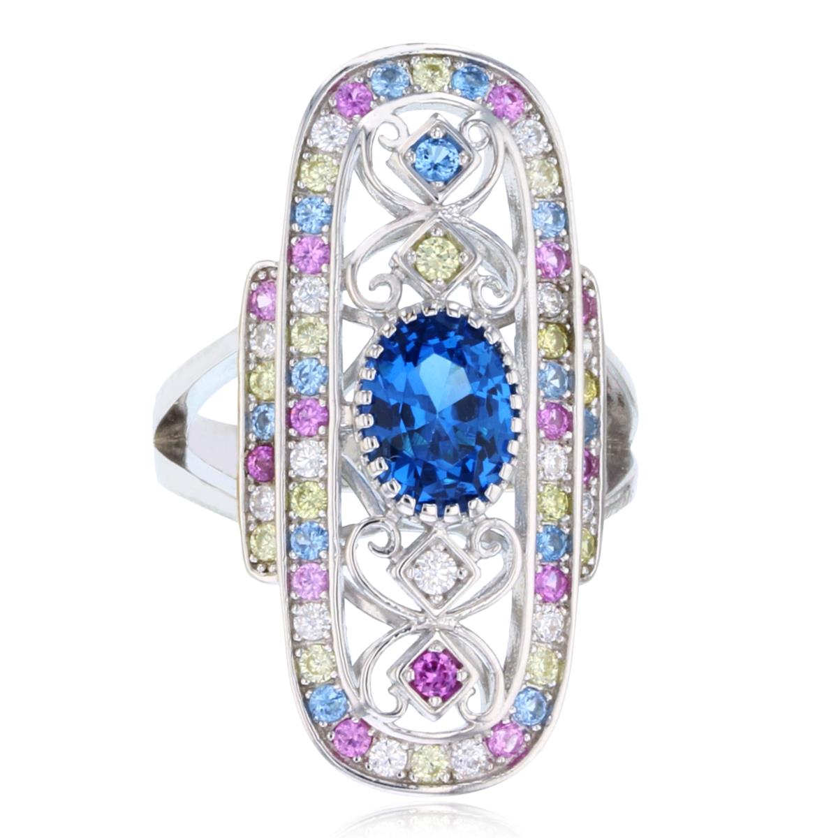 Sterling Silver Rhodium Bezel 8x6mm Ov #113 Blue CZ & Rnd Multicolor CZ Vintage Ornament Oval Ring