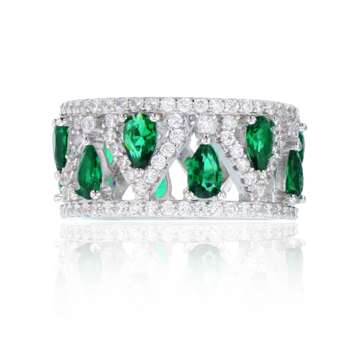 Sterling Silver Rhodium PS Emerald CZ & Rnd  White CZ Clusters Wide Band