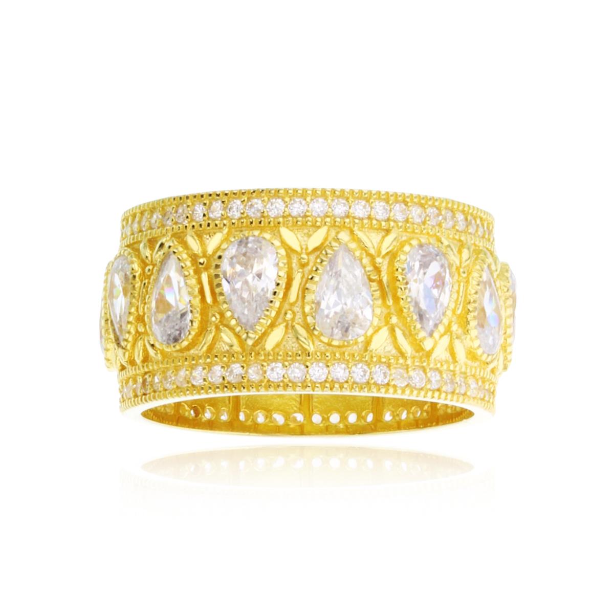 Sterling Silver+1Micron Yellow Gold PS & Rnd White CZ  Pear Beaded Bezel Clusters Wide Band