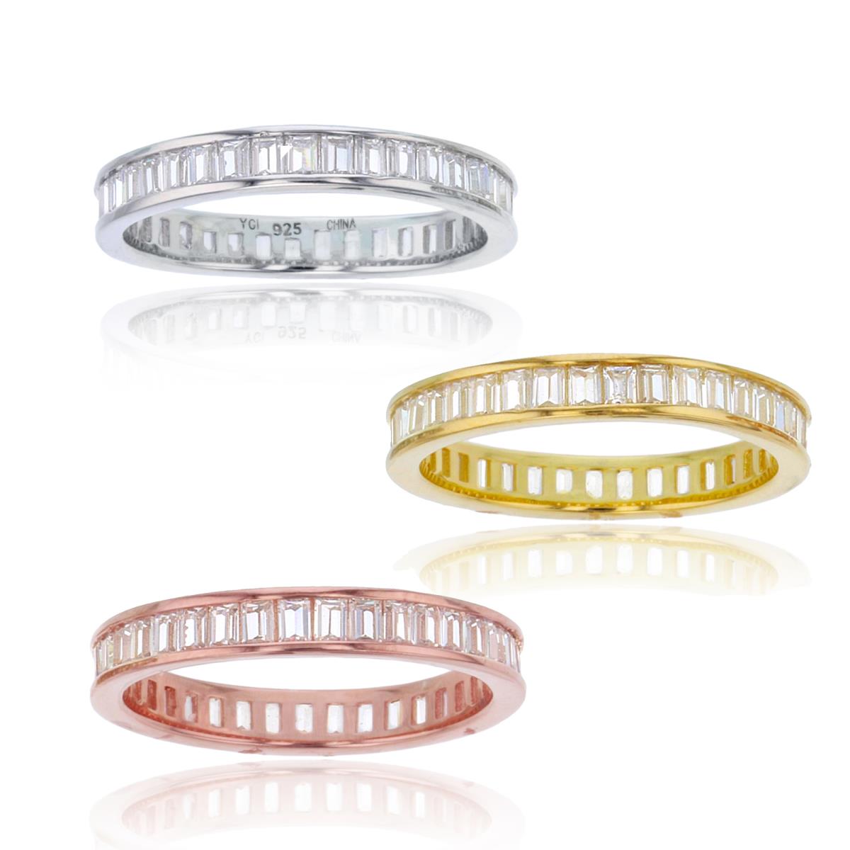 Sterling Silver 1-Micron Tri-Color SB White CZ Channel Row Band Set Of 3