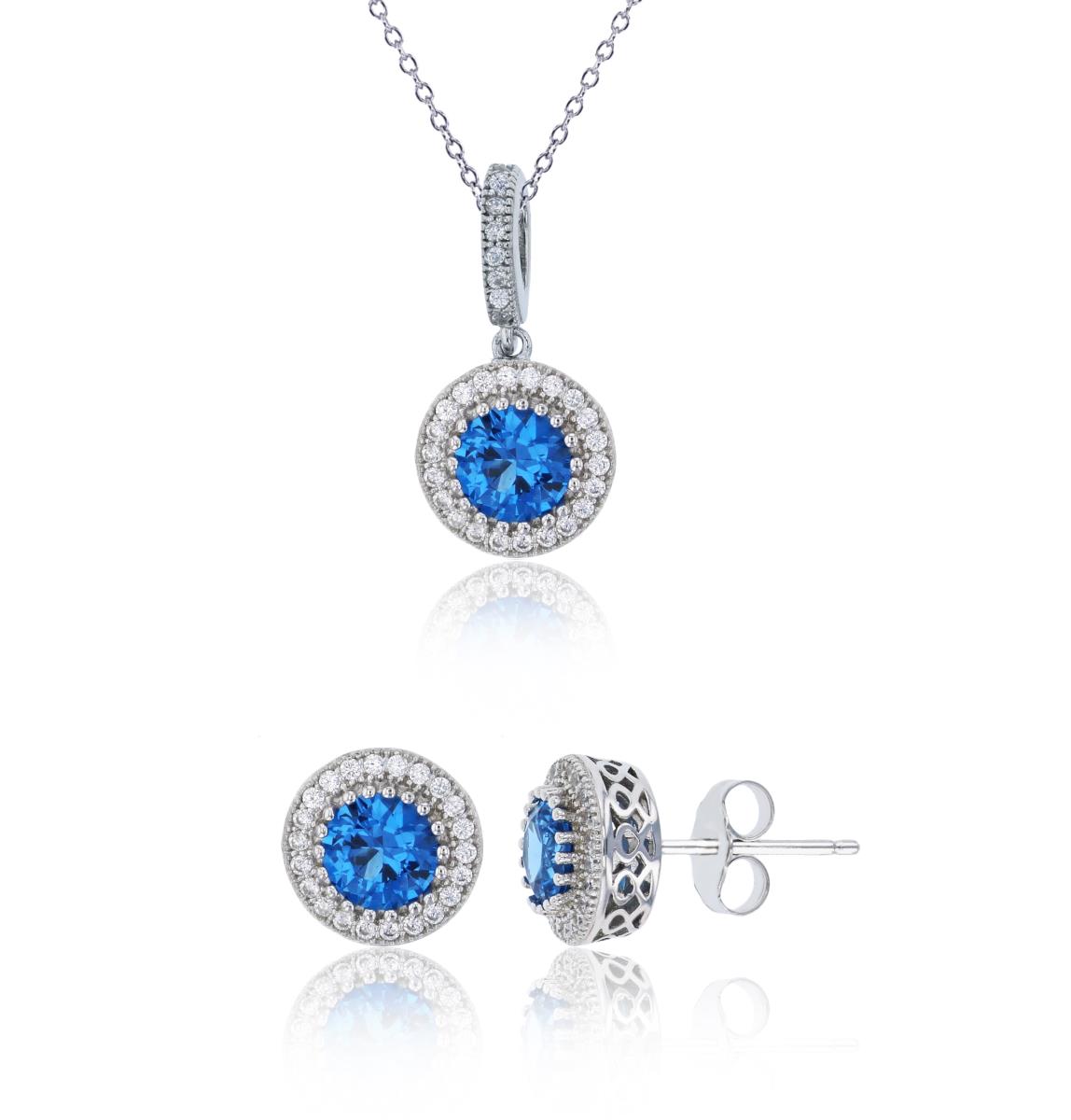 Sterling Silver Rhodium 5.50mm Round Swiss Blue Bezel Halo Necklace & Earring Set