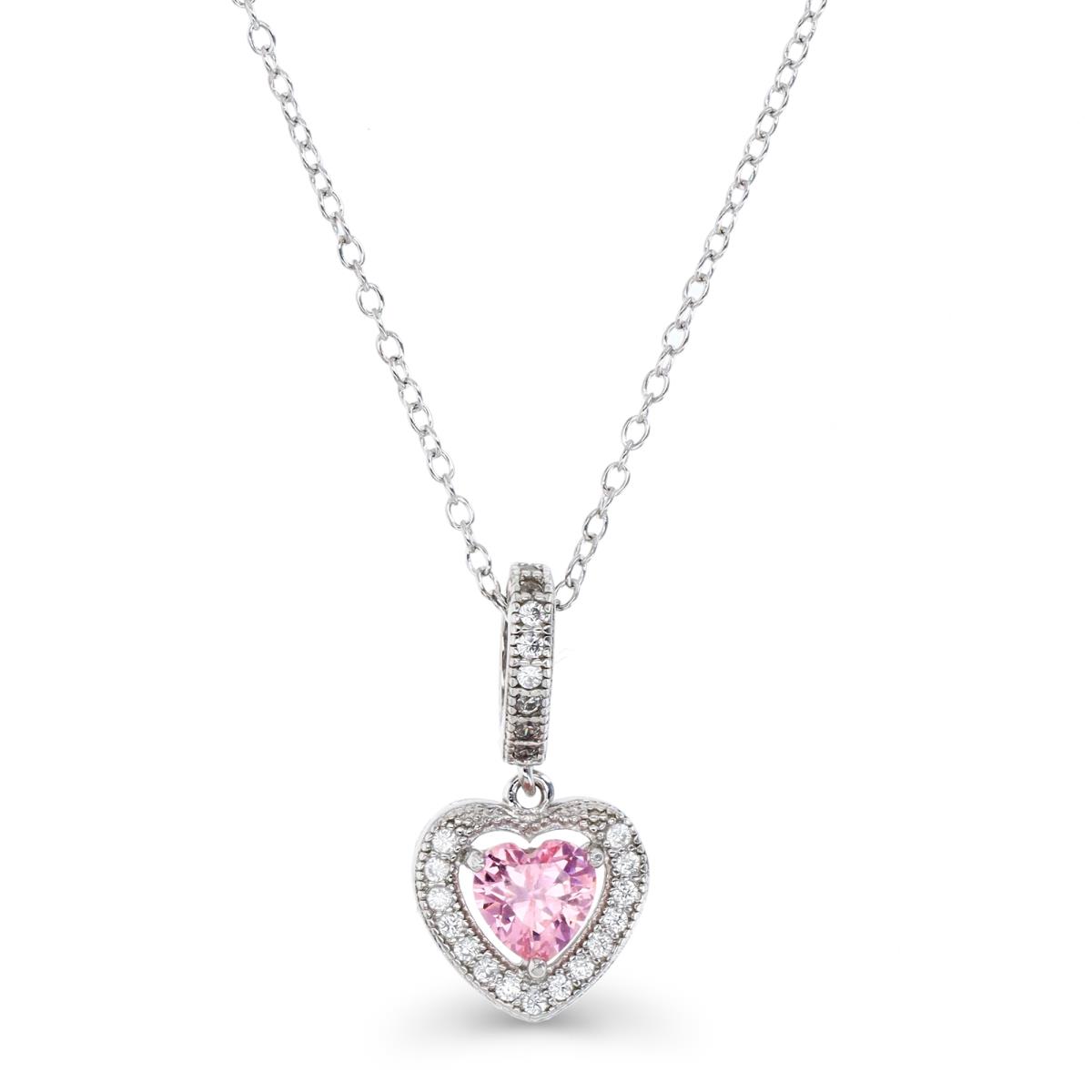 Sterling Silver Rhodium 5mm Heart Pink Halo 18" Necklace