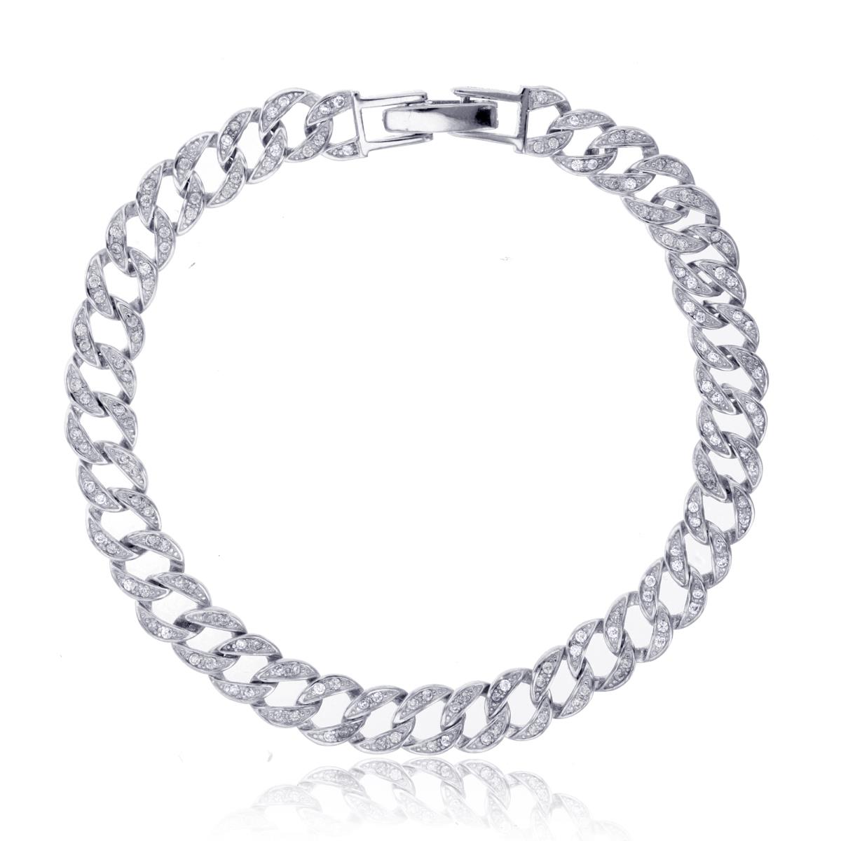Sterling Silver Rhodium 7mm Pave Cuban 7.25