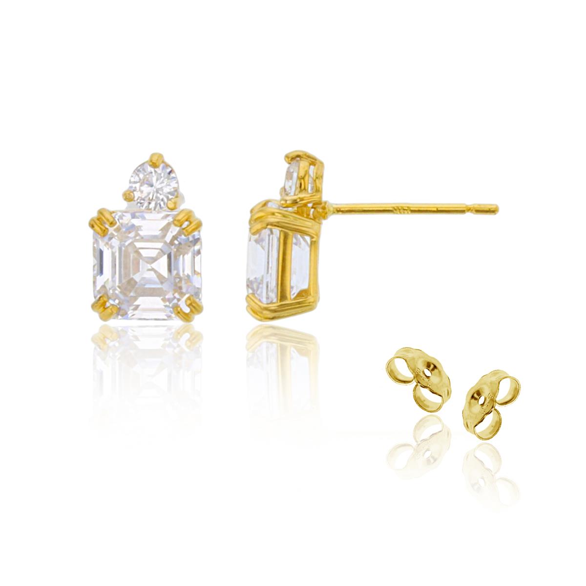 14K Yellow Gold 6mm Cush & Rnd White CZ Solitaire Studs with 4.5mm Clutch Back
