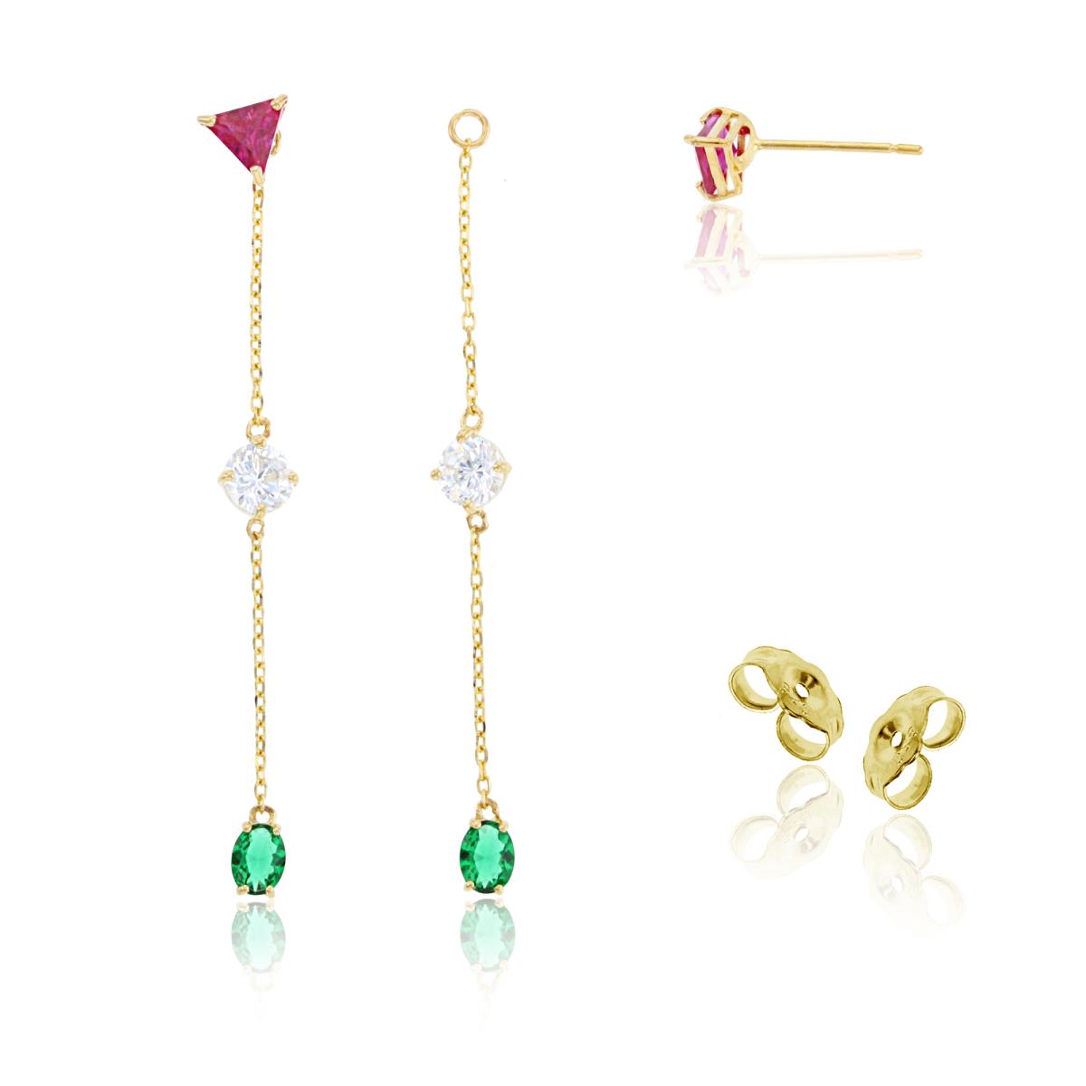 14K Yellow Gold Multishape Multicolor CZ Bezel Studs on Linked Dangling Earrings with 4.5mm Clutch Backs