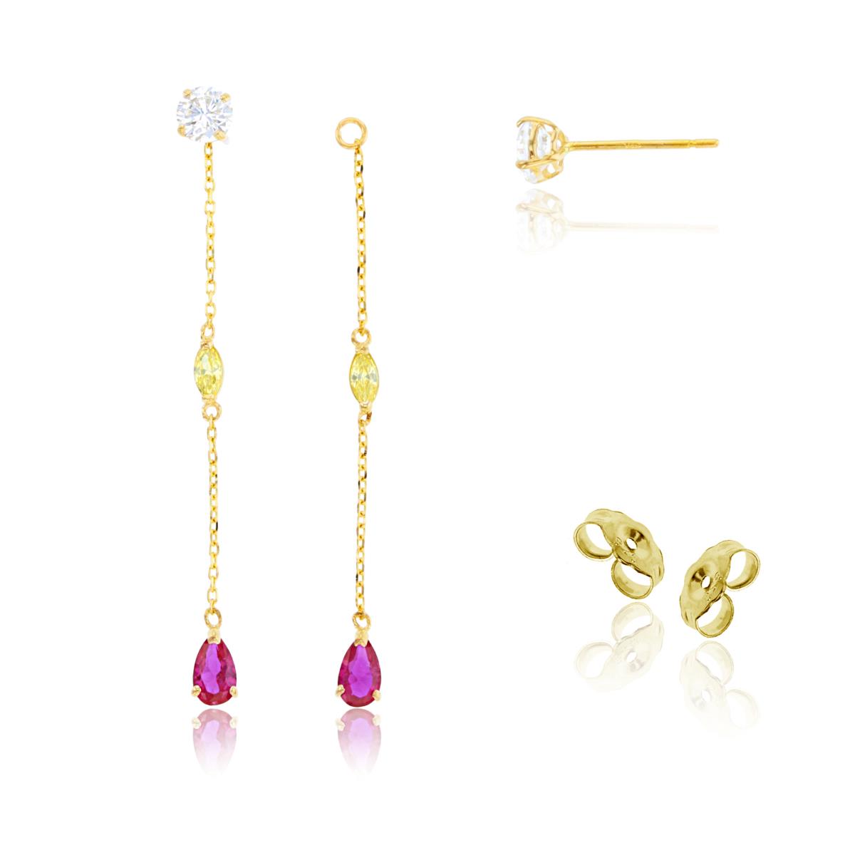 14K Yellow Gold Multishape Multicolor CZ Bezel Studs on Linked Dangling Earrings with 4.5mm Clutch Backs